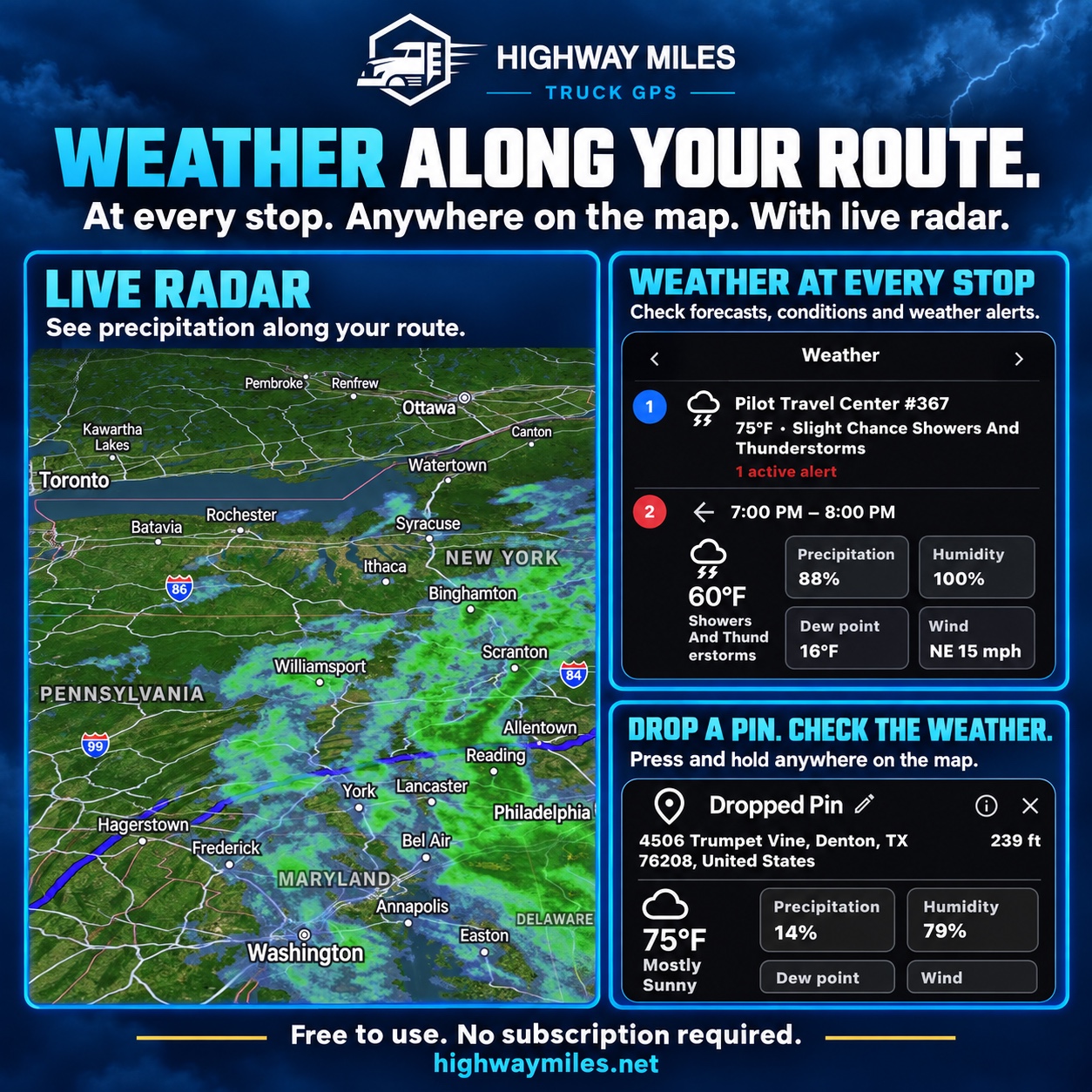 Highway Miles weather radar along a route, weather at stops, and weather at a dropped pin